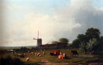 Eugene Joseph Verboeckhoven Painting - A Panoramic Summer Landscape With Cattle Grazing In A Meadow Eugene Verboeckhoven animal
